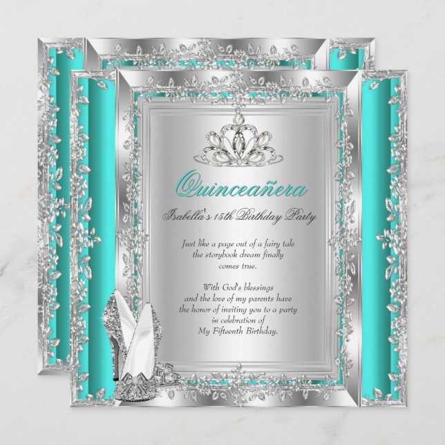 Invitation Quinceanera 15e anniversaire Jade Green Silver Cha (Devant / Derrière)