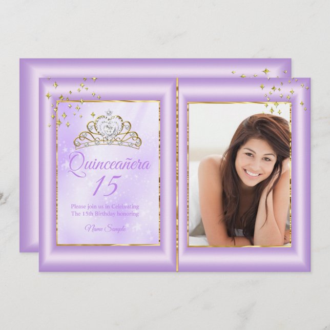 Invitation Quinceanera 15e anniversaire Lilac Purple Gold Pho (Devant / Derrière)