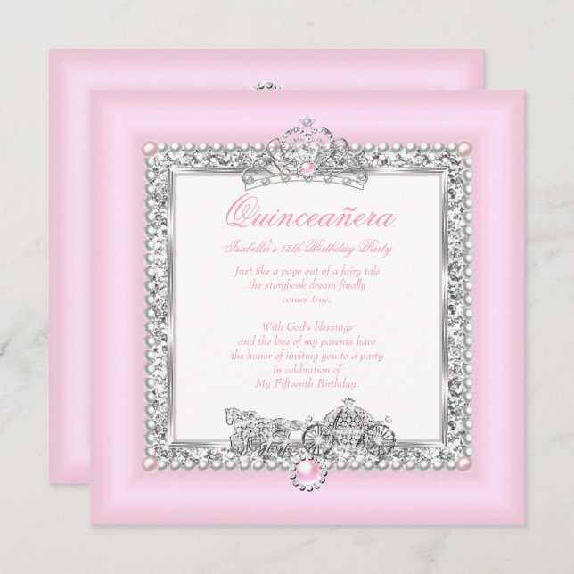Invitation Quinceanera 15e anniversaire magique Fairytale ros (Devant / Derrière)