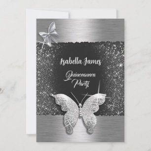 Invitation Quinceañera 15e anniversaire noir argent feuille c