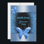 Invitation Quinceañera 15e anniversaire noir bleu feuille lux<br><div class="desc">Invitation tes invités pour fêter ton anniversaire avec cette invitation chic et élégante. Le design présente un thème Quinceañera 15ème anniversaire avec des papillons en feuille bleue sur un arrière - plan noir. L'effet feuille ajoute une touche de classe et de parties scintillant pétillante à l'invitation, tandis que l'arrière -...</div>