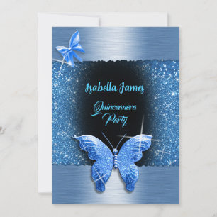 Invitation Quinceañera 15e anniversaire noir bleu feuille lux
