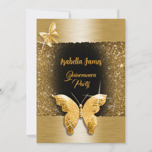 Invitation Quinceañera 15e anniversaire noir feuille d'or lux