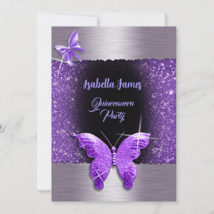 Invitation Quinceañera 15e anniversaire noir pourpre feuille