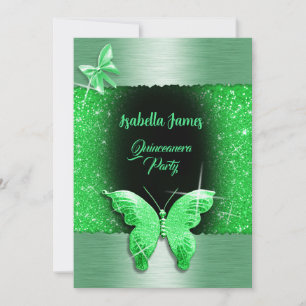 Invitation Quinceañera 15e anniversaire noir vert feuille lux
