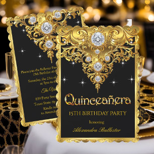Invitation Quinceanera 15e Anniversaire Orné Exotique Noir Or