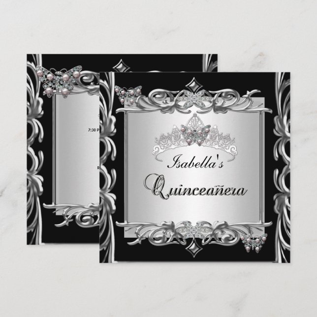 Invitation Quinceanera 15e Anniversaire Papillons Argent Noir (Devant / Derrière)
