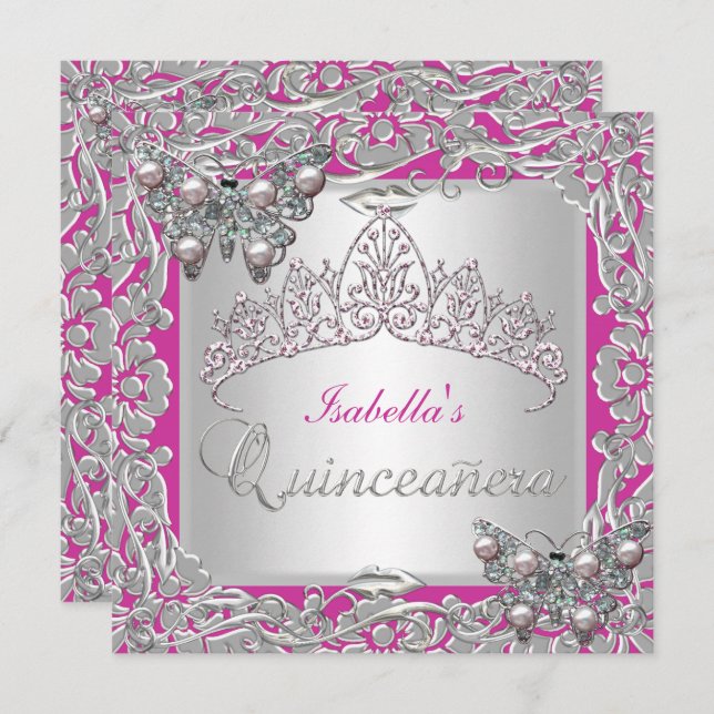 Invitation Quinceanera 15e anniversaire papillons argent rose (Devant / Derrière)