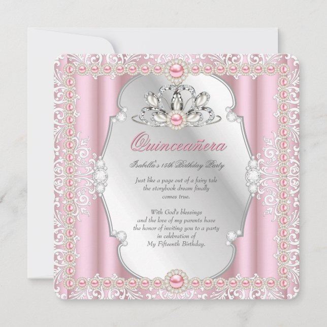 Invitation Quinceanera 15e anniversaire Pearl Pink Argent 2 (Devant)
