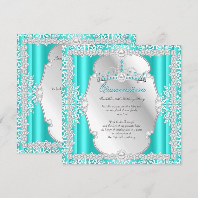 Invitation Quinceanera 15e anniversaire Pearl Turquoise Argen (Devant / Derrière)
