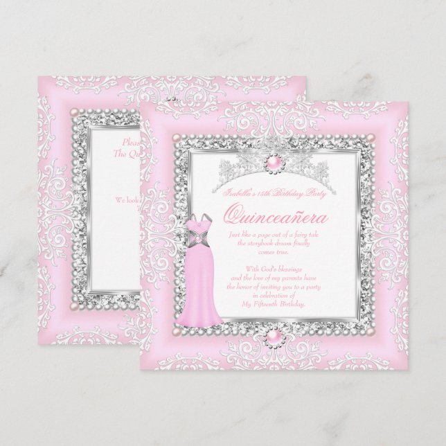 Invitation Quinceanera 15e Anniversaire Perle Rose Clair Dent (Devant / Derrière)