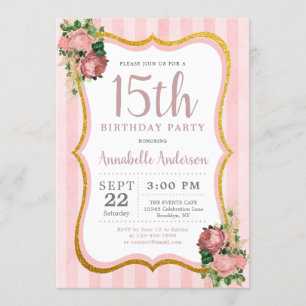 Invitation Quinceanera 15e anniversaire Pink Floral Gold Part