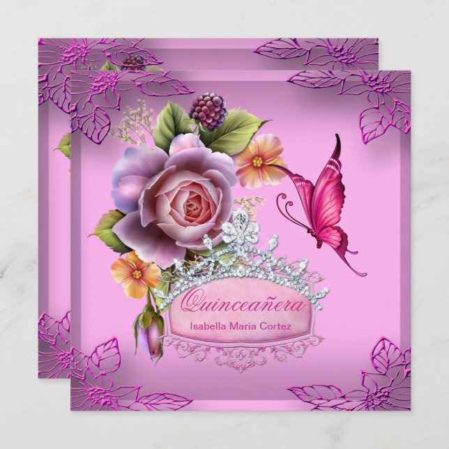 Invitation Quinceañera 15e anniversaire PINK Tiara Papillon (Devant / Derrière)