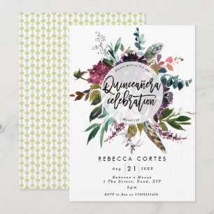 Invitation Quinceanera 15e anniversaire plumes florales