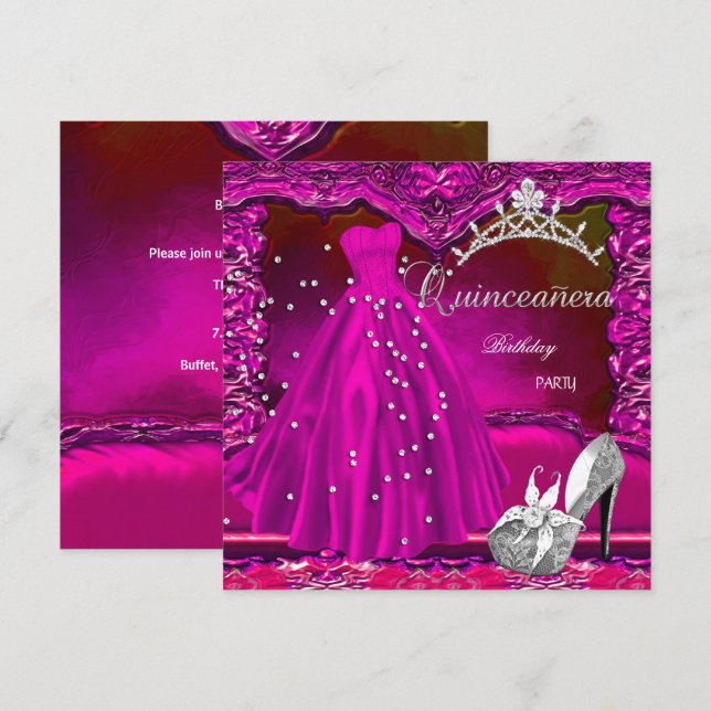 Invitation Quinceanera 15e anniversaire Robe rose (Devant / Derrière)