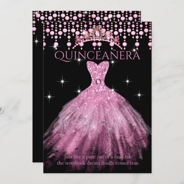 Invitation Quinceanera 15e Anniversaire Robe Rose Bleue Tiara (Devant / Derrière)
