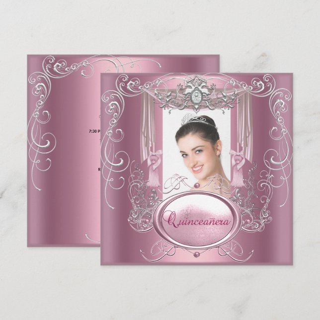 Invitation Quinceanera 15e anniversaire rose argent Star (Devant / Derrière)
