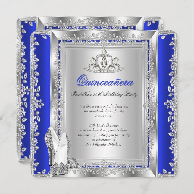 Invitation Quinceanera 15e anniversaire Royal Blue Silver Cha (Devant / Derrière)