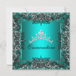 Invitation Quinceanera 15e Anniversaire Teal Blue Black Lace