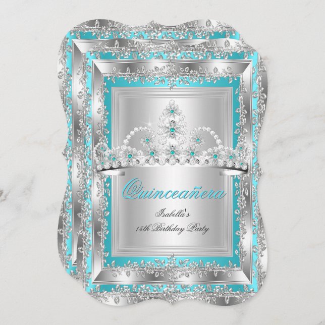 Invitation Quinceanera 15e anniversaire Turquoise Bleu Argent (Devant / Derrière)
