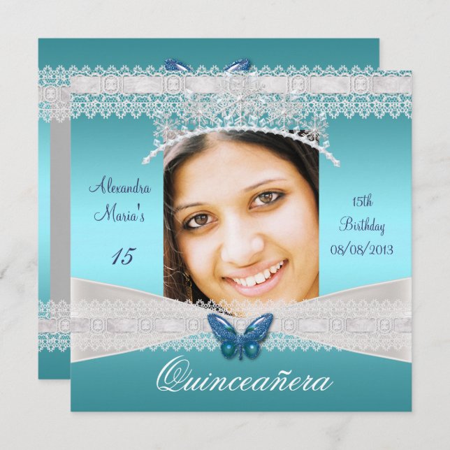 Invitation Quinceañera 15e anniversaire Turquoise dentelle bl (Devant / Derrière)