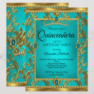 Invitation Quinceanera 15e Anniversaire Turquoise Diadème Or