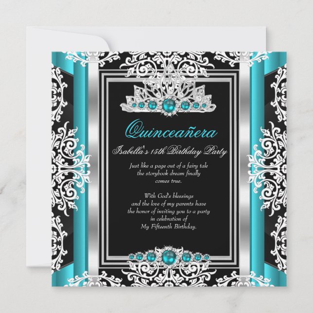 Invitation Quinceanera 15e anniversaire Turquoise Pearl Argen (Devant)