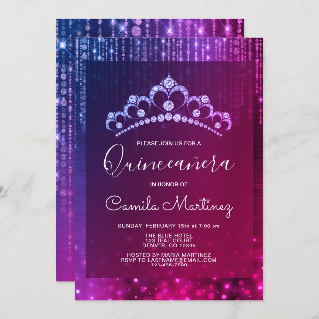 Invitation Quinceanera 15e anniversaire violet avec Tiara (Devant / Derrière)