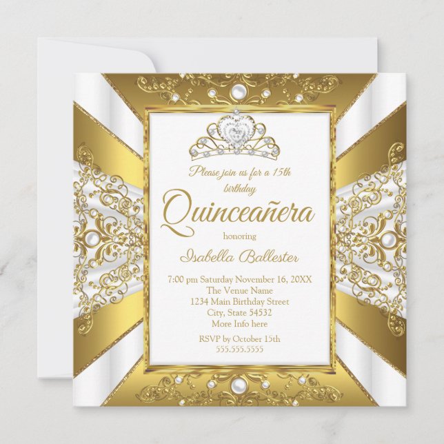 Invitation Quinceanera 15e anniversaire White Gold Pearl Tiar (Devant)