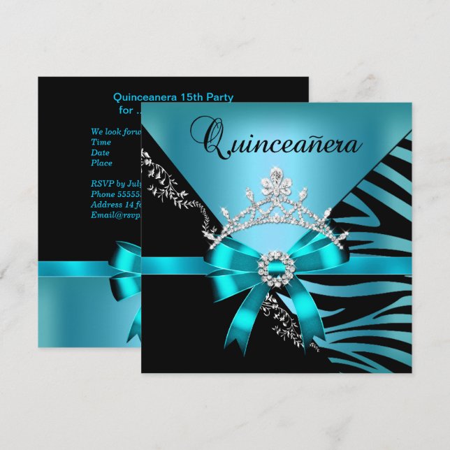 Invitation Quinceanera 15e anniversaire Zebra Blue Black Tiar (Devant / Derrière)