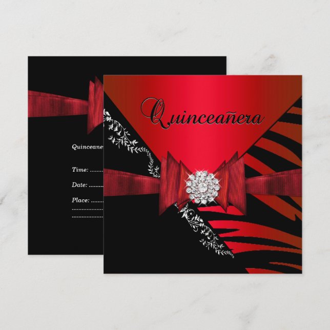Invitation Quinceanera 15e anniversaire Zebra Red Black Tripe (Devant / Derrière)