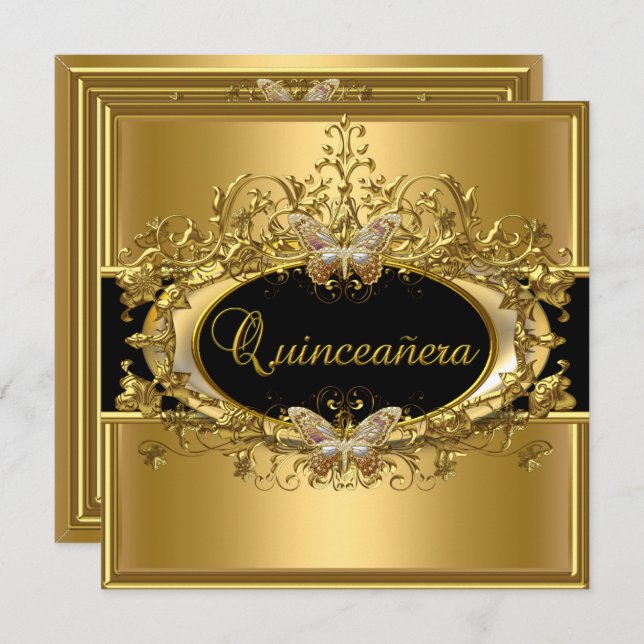 Invitation Quinceanera 15e Black Girls Gold (Devant / Derrière)