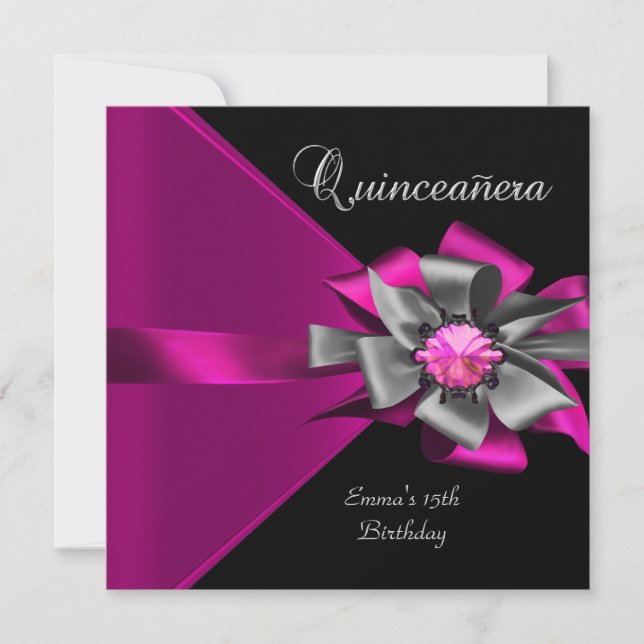 Invitation Quinceanera 15e Bow gris noir argent rose 3 (Devant)