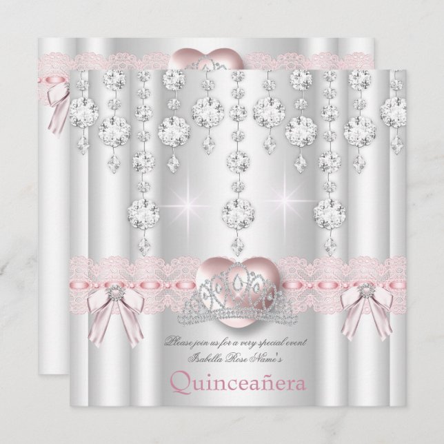 Invitation Quinceanera 15e Carreau de Coeur d'Argent Rose 2 (Devant / Derrière)