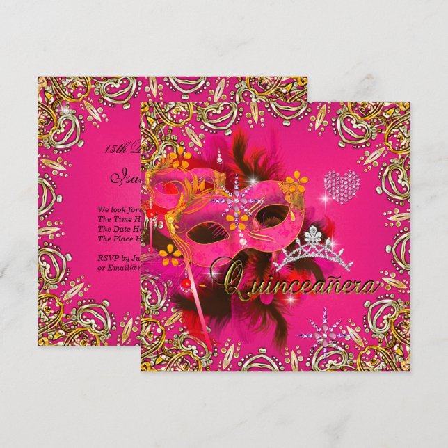 Invitation Quinceanera 15e Coral Rose Masquerade Party Gold (Devant / Derrière)