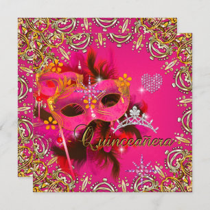 Invitation Quinceanera 15e Coral Rose Masquerade Party Gold