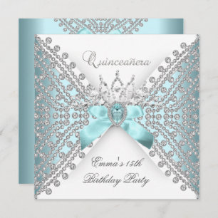 Invitation Quinceanera 15e Diamant blanc d'argent bleu Turquo