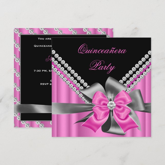 Invitation Quinceanera 15e Diamants de la boîte grise d'argen (Devant / Derrière)