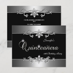 Invitation Quinceanera 15e Élégant Noir Argent Bijou Fête