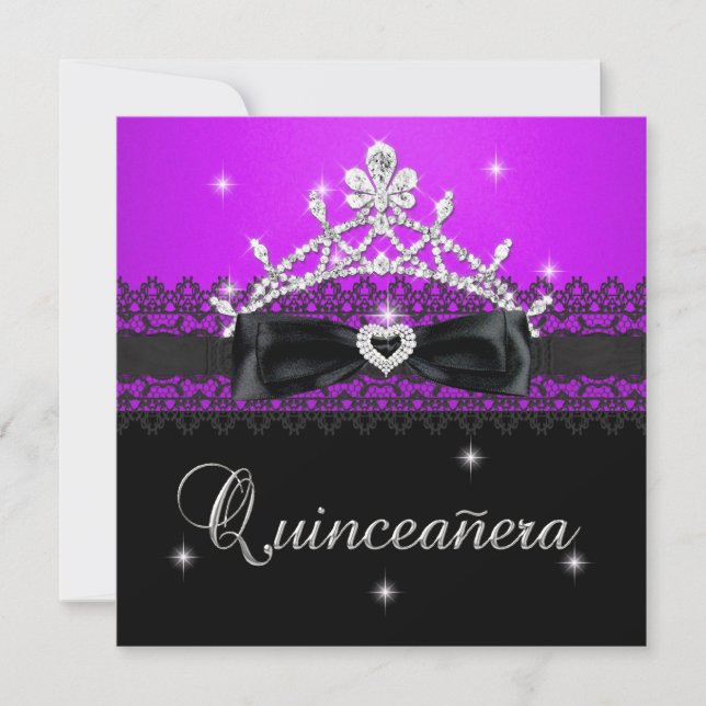 Invitation Quinceanera 15e fête d'anniversaire dentelle viole (Devant)