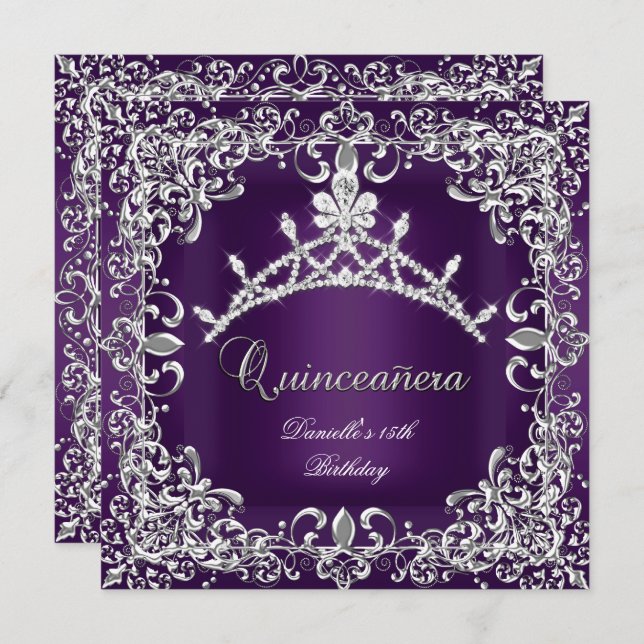 Invitation Quinceanera 15e fête d'anniversaire foncé violet (Devant / Derrière)
