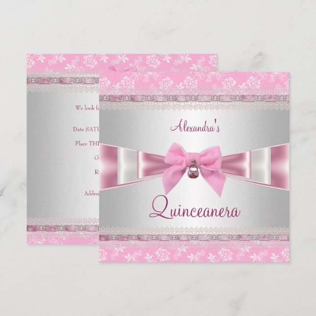 Invitation Quinceanera 15e fête d'anniversaire rose blanc flo (Devant / Derrière)