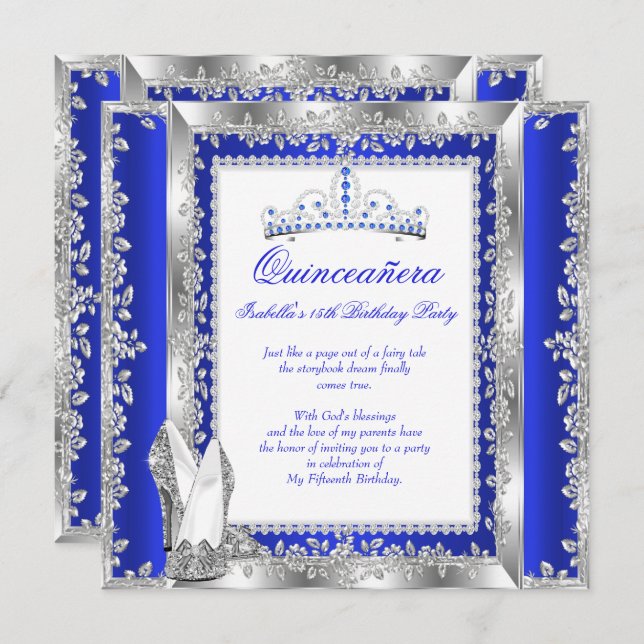 Invitation Quinceanera 15e fête d'anniversaire Royal Blue Sil (Devant / Derrière)