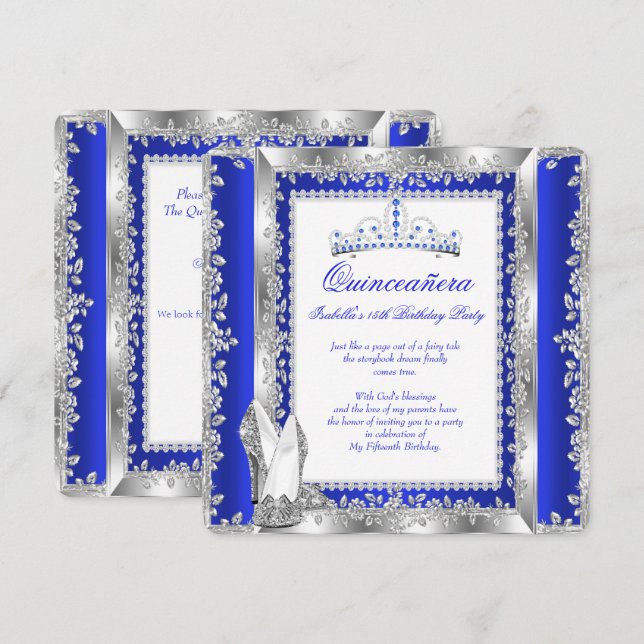Invitation Quinceanera 15e fête d'anniversaire Royal Blue Sil (Devant / Derrière)