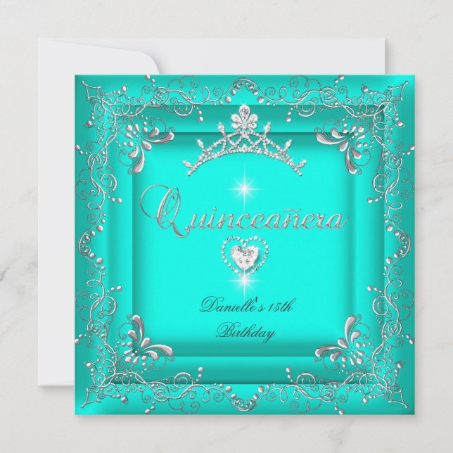 Invitation Quinceanera 15e fête d'anniversaire Turquoise Tiar (Devant)