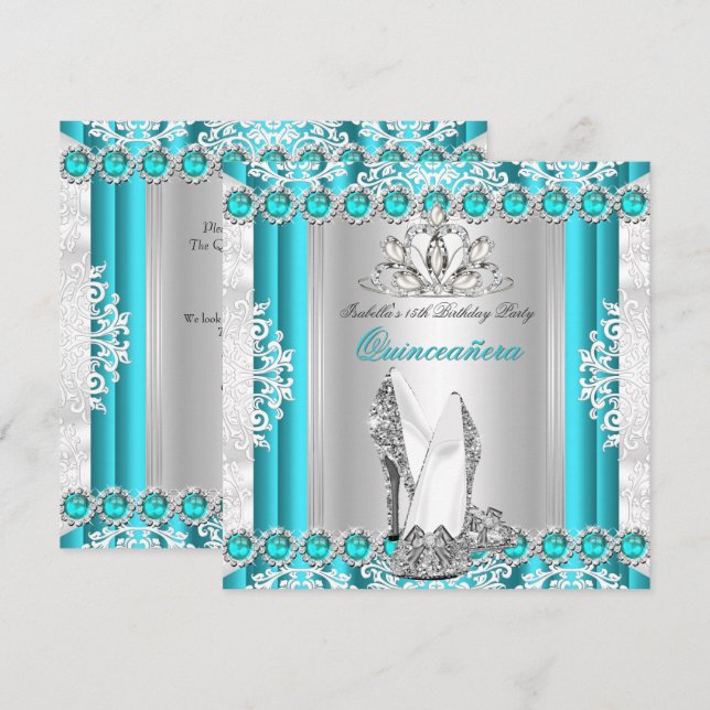 Invitation Quinceanera 15e fête d'anniversaire Turquoises tal (Devant / Derrière)