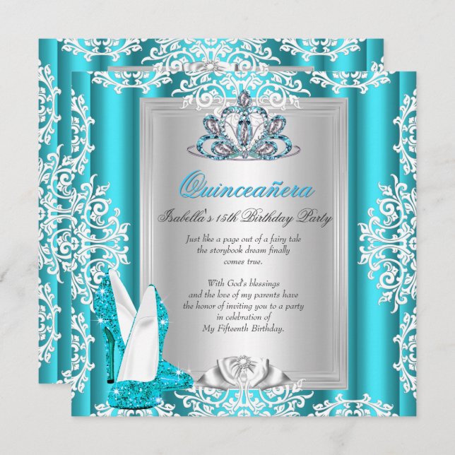 Invitation Quinceanera 15e fête d'anniversaire Turquoises tal (Devant / Derrière)