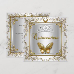 Invitation Quinceanera 15e Fête Papillon Argent Or Blanc