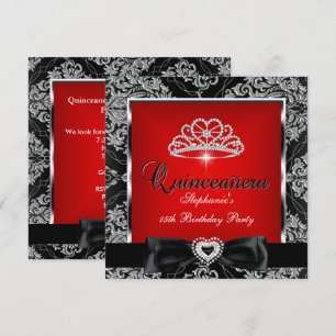 Invitation Quinceanera 15e Fête Rouge Damassé Argent Noir