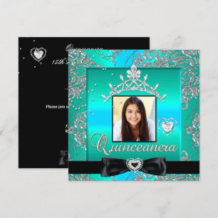 Invitation Quinceanera 15e Fête Teal Argent Damassé Photo